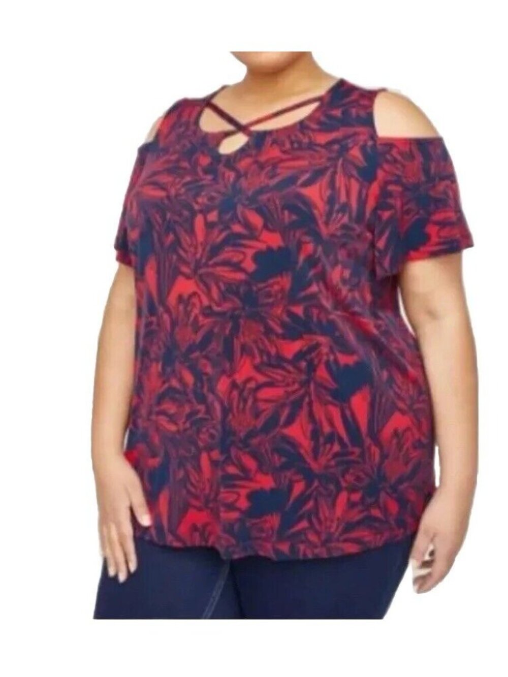 Catherines Women’s Top 2x  Red/Navy Tropical  Floral Cold Shoulder